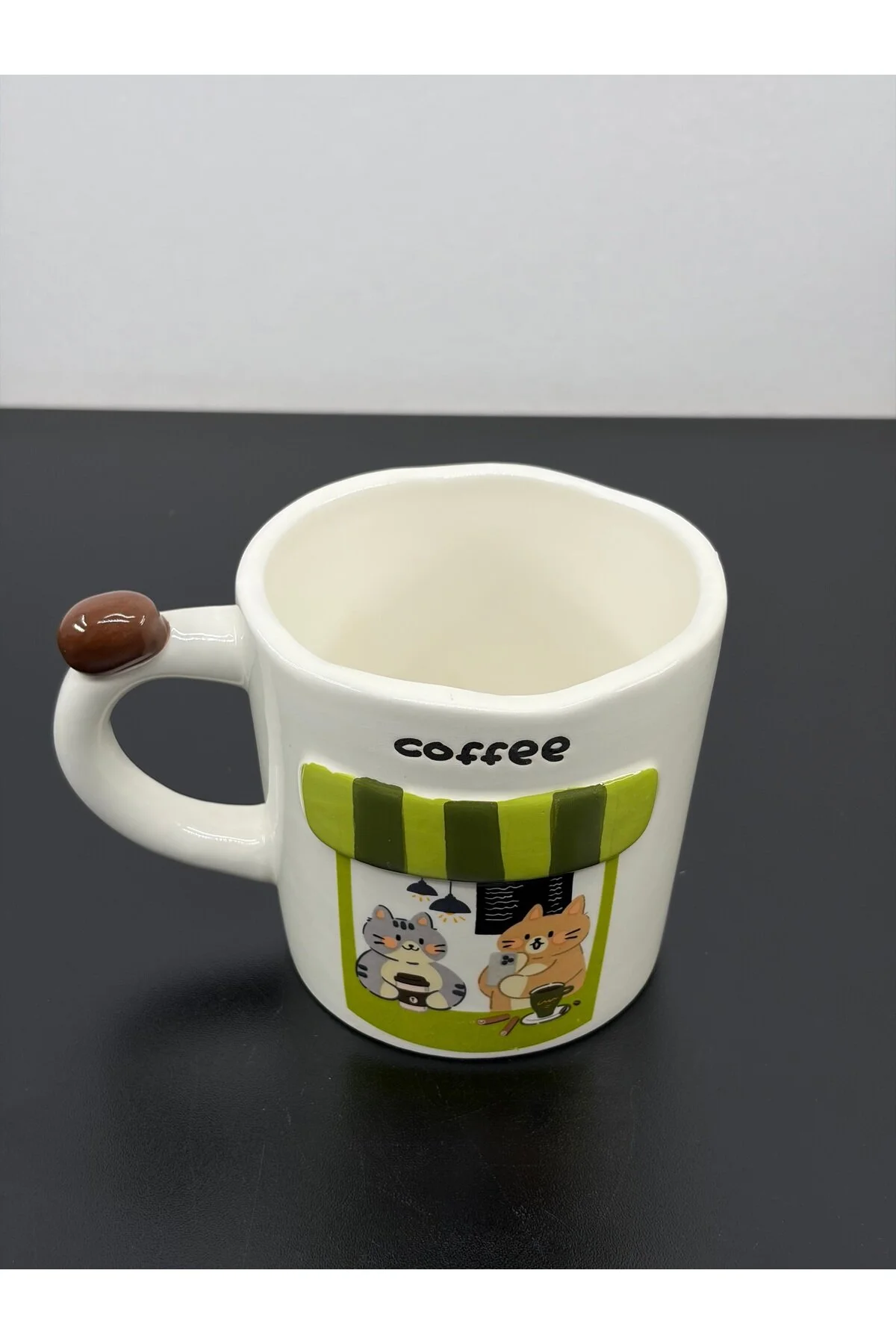 Acar Porselen Lüks Büyük Boy Coffee Dekor Kedili Bardak Kupa 400ml Açık Yeşil