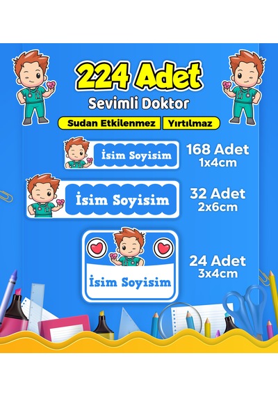 Sevimli Doktor Temalı Okul Kreş Kişiye Özel İsim Etiket Seti - Model 515 Çok Renkli