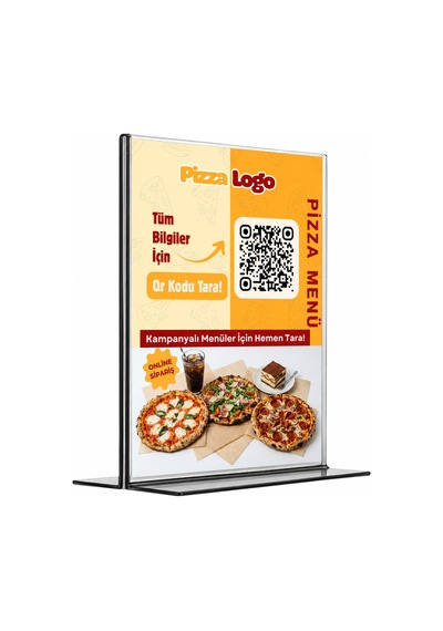Pizza Qr Menü Standı T Tipi A6 10 15 Cm + Qr Menü Yazılımı Beyaz Beyaz