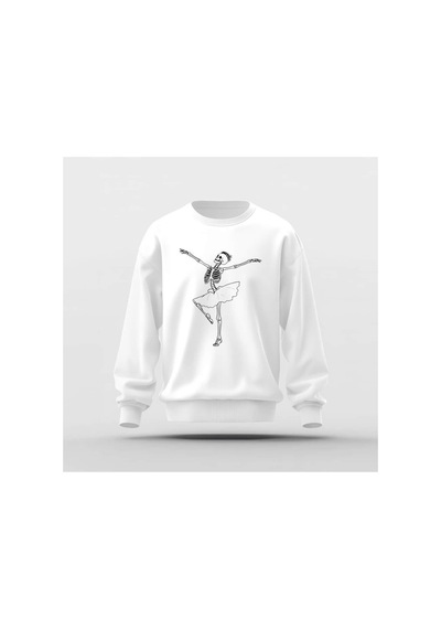 Ada Kostüm Tasarım İskelet Balerin Baskılı Basic Sweatshirt beyaz