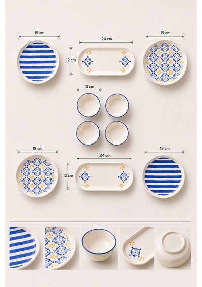 10 Parça 4 Kişilik Oceana Stoneware Kahvaltı Takımı - Özel Desenli Kahvaltılık Servis Sunum Seti Çok Renkli