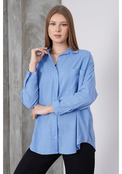 Paw Garage Kadın London Keten Tek Cepli Oversize Gömlek, Premium Kalite Keten Gömlek Mavi