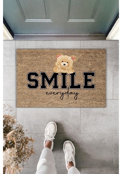 Rugmood Modern Dijital Baskı Paspas - Ayıcık Smile Everyday - Kapı Önü Paspası 70x45cm Kahverengi