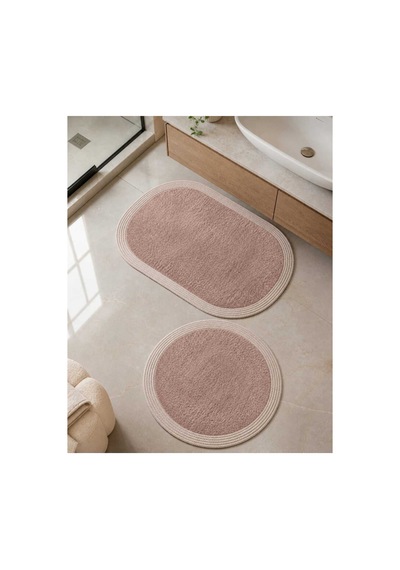 Nesrin Kaymaz Taban Peluş Banyo Paspası Seti Jüt Kenar Detaylı 2 Li Oval Yuvarlak Pudra 100x60 60x60 Pembe