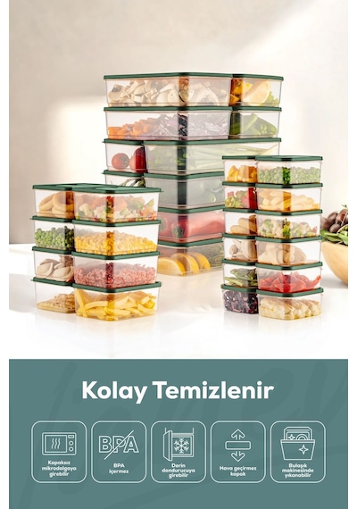 Vienev Buzdolabı Düzenleyici Organizer Mikrodalgaya Uygun Difriz Saklama Kabı Yeşil 30'lu Yeşil