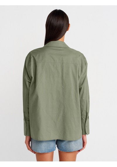 Dilvin 50497 Uzun Kollu Oversize Keten Gömlek-yeşil Yeşil