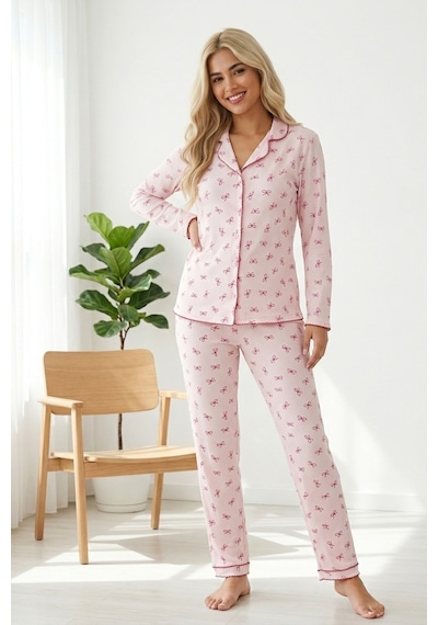 Aura Collections Kadın Pembe Çiçek Desenli Bambu Viskon Uzun Kollu Soft Örme Pijama Takımı