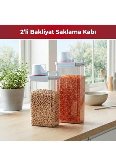 2'li Büyük Boy Saklama Kabı Ölçekli Kapak, Sızdırmaz Erzak Bakliyat Ve Deterjan İçin Çok Amaçlı Set 230 Diğer