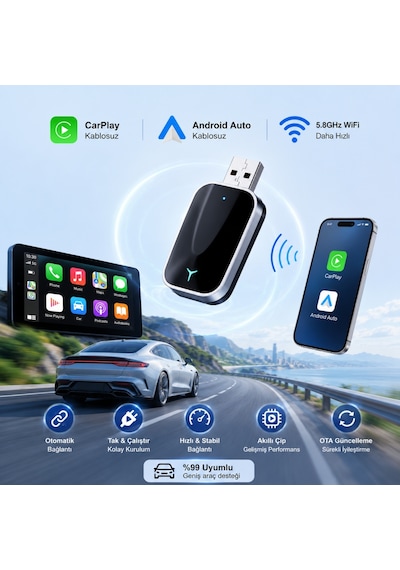 Triline Kablosuz Carplay Android Auto Mini 2in1 Usb Wireless Carplay Dönüştürücü Type-c Otg Destekli Diğer