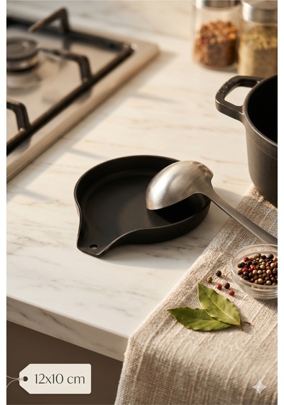 Siyah Kepçe Altlığı 12x10 Cm Mutfak Tezgah Üstü Kaşıklık Modern Tasarım Isıya Dayanıklı Şık Düzenley