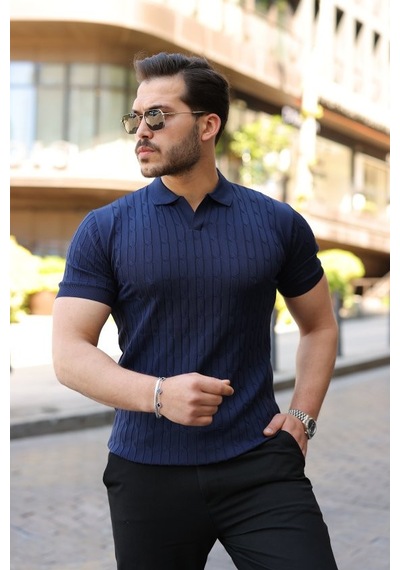 Veraura Lifestyle Erkek Örgü Desen Yakalı Kısa Kollu Triko Tişört Lacivert