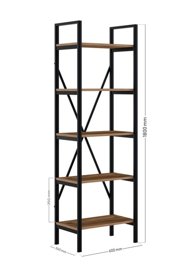 Ceramical 5 Raflı Metal Kitaplık Siyah Atlantik Çam 60 x 180 CM