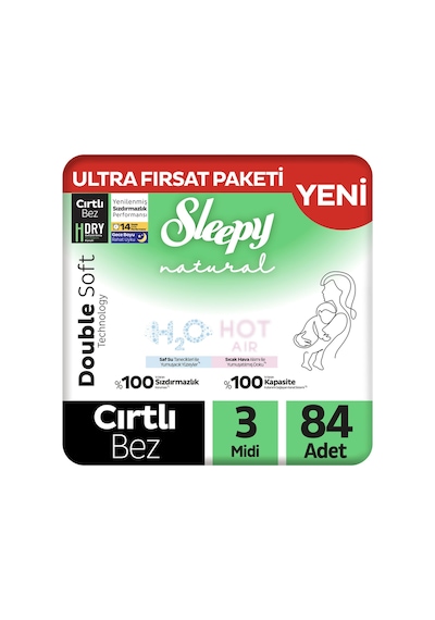 Sleepy Natural Double Soft Ultra Fırsat Paketi Bebek Bezi 3 Numara Midi 84 Adet