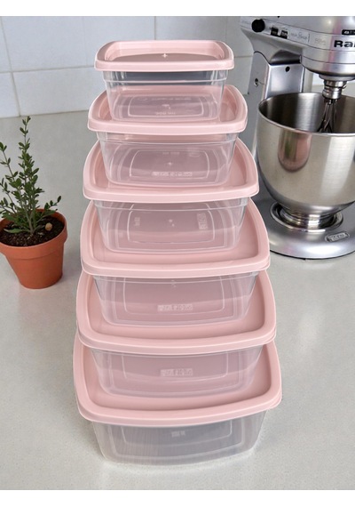 6'lı Kendinden Kapaklı Erzak Baharat Saklama Kabı Seti 8,3 Litre Büyük Boy Plastik Açık Pembe