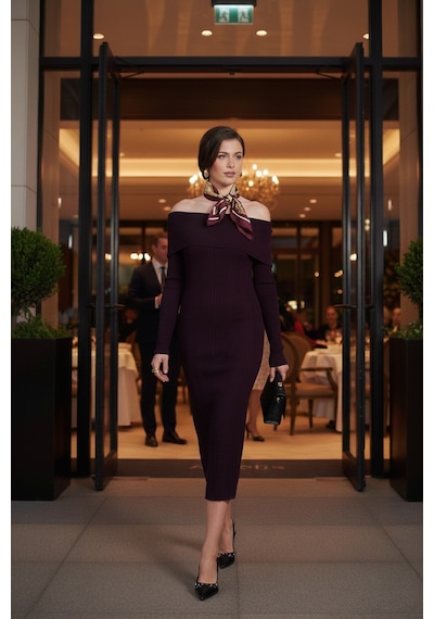 Lela Premium Fitilli Carmen Yaka Slim Fit Midi Boy Triko Bayan Elbise 680El00033 Mürdüm Lela Premium Fitilli Carmen Yaka Slim Fit Midi Boy Triko Bayan Elbise 680El00033 Mürdüm