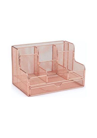 Temel Rose Gold Metal Mesh Masaüstü Organizer Çekmeceli Çok Bölmeli 25x17x16 Cm 9527r