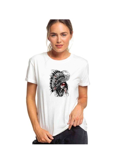 Kızılderili Kız Ay Baskılı Beyaz Kadın Tshirt