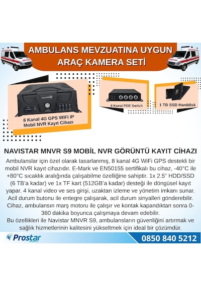 Ambulans Mevzuatına Uygun 1 Tb 2 Kameralı 8 Kanal Mobil Nvr Tak Kullan Set