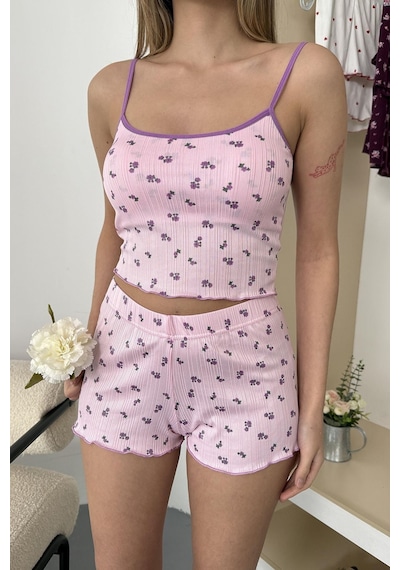 Giysa Kadın Askılı Kaplı Çiçek Desenli Şortlu Pijama Takımı Pembe Mor - 3403
