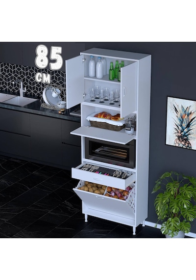 Modilayn Ece Çok Amaçlı Mutfak Dolabı Fırın Bölmeli, Çekmeceli, Kapaklı Ve Sepetli 85 Cm Beyaz Modilayn Ece Çok Amaçlı Mutfak Dolabı Fırın Bölmeli, Çekmeceli, Kapaklı Ve Sepetli 85 Cm Beyaz