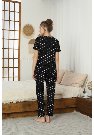 Siyah İnci Pamuklu Düğmeli Örme Pijama Takımı Siyayh Beyaz Kalp