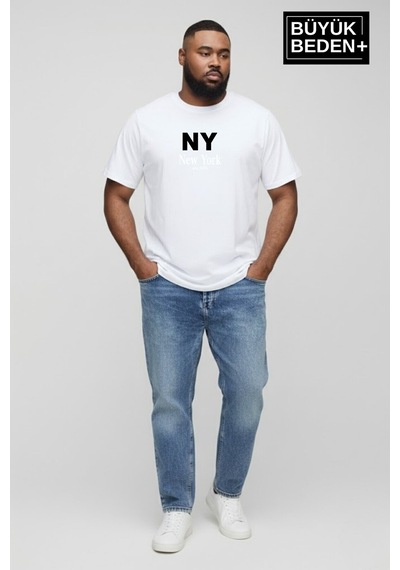 Superlife Erkek Büyük Beden Ny New York Baskılı 3xl-6xl Bisiklet Yaka Tshırt Spr26bts510-15 Beyaz