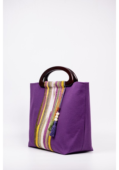 Fabric Craft Bag El Çantası Duck Kumaş Ahşap Saplı Mor Mor