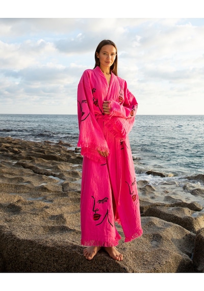 Befera Müslin Kimono Pamuklu Kadın Silüeti Desenli Bornoz Kaftan Sabahlık Fuşya