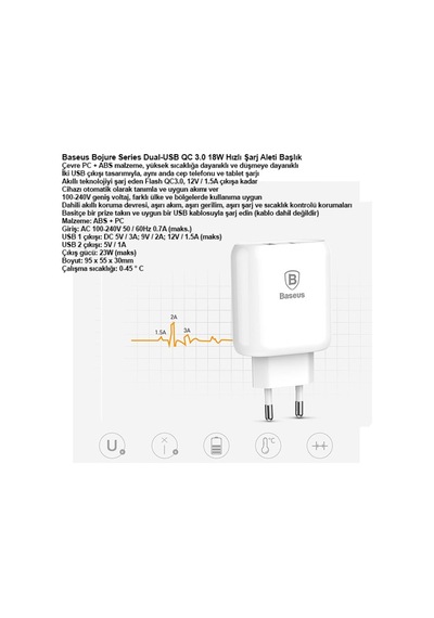 Baseus Bojure Series Dual-Usb Qc 3.0 18W Hızlı Şarj Aleti Başlık (123857026)-Beyaz
