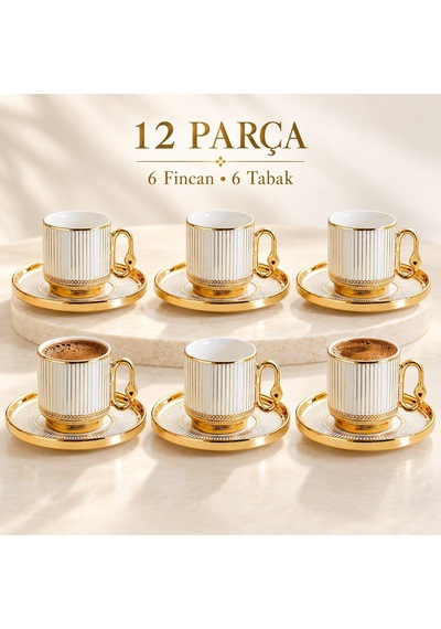 Valkyrie 12 Parça 6 Kişilik Türk Kahvesi Fincan Takımı 80ml Gold Detaylı 6 Fincan 6 Tabak K651-a