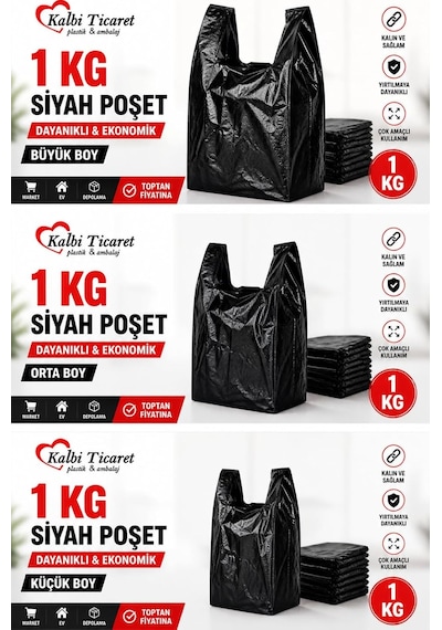 Siyah Kalın Poşet 3'lü Set Küçük, Orta, Büyük 3 Kg Market Manav Poşeti Hışır Atlet Poşet Çöp P
