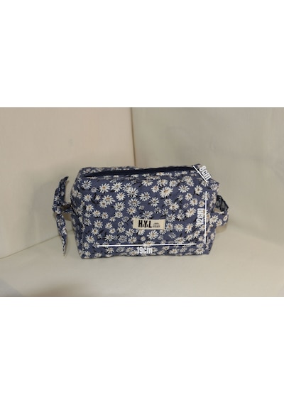 Kapitone Dikişli Denim Papatyalı Makyaj Çantası / Organizer - %100 Pamuk Kumaş Denim - Papatyalı