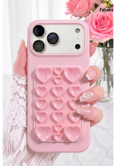 Fibaks iPhone 17 Pro Max Uyumlu Kılıf Kendinden Vakumlu İçi Kadife Kalp Desenli Soft Silikon Güçlü Tutuş & Estetik Tasarım Rose