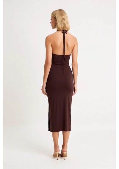 Benerly Kadın Halter Yaka Bodycon Midi Elbise İnce Askılı Astarsız Sandy Kahverengi