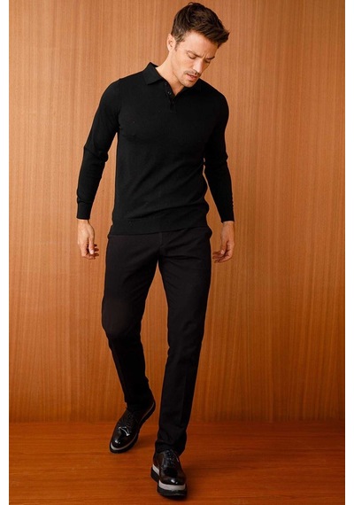 Desen Triko Erkek Basic Polo Yaka İnce Triko Kazak 02421601 Siyah Siyah