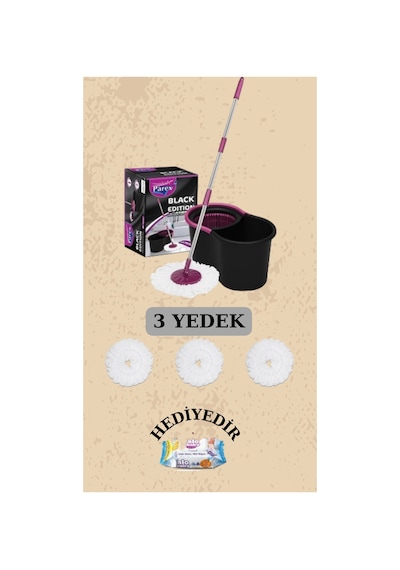 Black Edition Döner Başlıklı Temizlik Seti Ve 3 Adet Yedek Mop