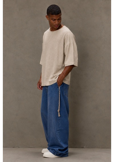 Tarz Cool Erkek Oversize Keten Görünümlü Basic Tişört Salaş Kesim Bisiklet Yaka Günlük Streetwear T-shirt Bej