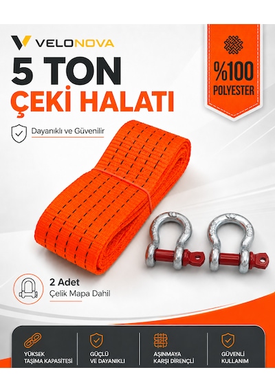 5 Ton Çekme Halatı 3 Metre 5 Cm 2 Adet Omega Kilitli Çelik Mapa Ce Belgeli %100 Polyester Araç Kurtarma Halatı Kırmızı