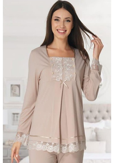 Kaktüslohusa Effort Kadın Vizon Emzirme Özellikli Lohusa Hamile Pijama Takımı 3045 VİZON