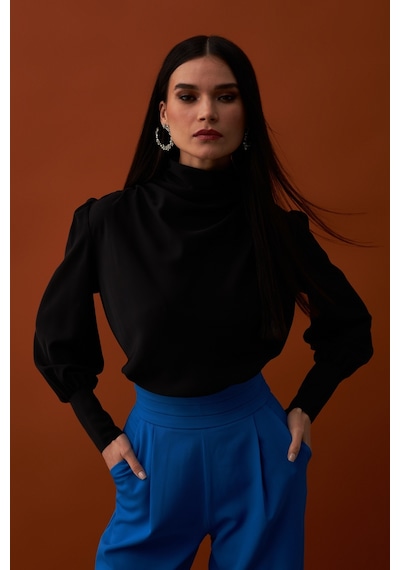 Sateen Drape Detaylı Bluz - Siyah
