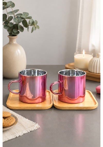 4 Parça 2 Kişilik Bambu Altlıklı Metalik Pembe Cam Kahve Fincan Takımı 100 Ml