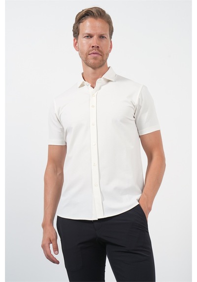 İmza Beyaz İtalyan Yaka Kısa Kol Cepsiz Slim Fit Esnek Gömlek 1004260159
