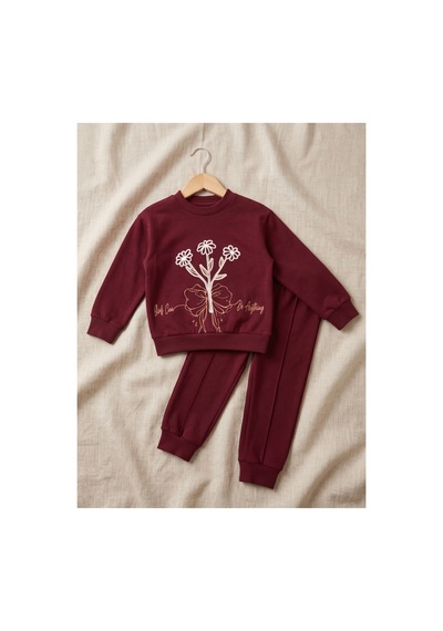 Deniva Kids Kız Çocuk Bordo Çiçek Nakışlı Paçası Ve Beli Lastikli Rahat Kalıp 2'li Takım