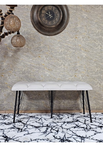 Zafir Metal Siyah Tel Ayaklı 100 Cm Puf Bench - Puf - Bench - Oturak - Mutfak Oturağı - Antre Oturağı Krem
