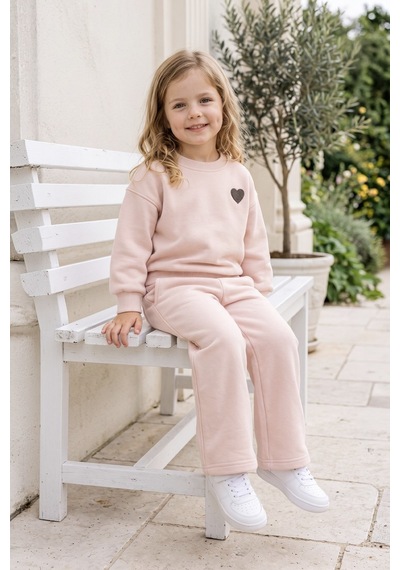 Zuzunga Kalp Nakış 3 İplik Fırçalı Kumaş Sweatshirt Eşofman Alt Üst Takım Pembe