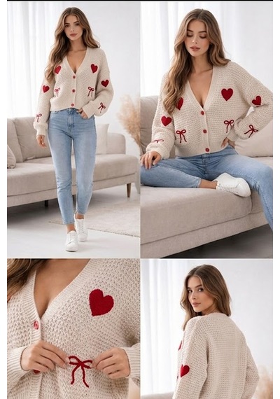 Kadın Kalp Ve Fiyonk Desenli Nakışlı Triko Hırka Love Knit ekru