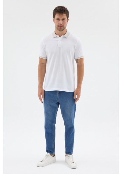 Beyaz-gri Polo Yaka Pike Kısa Kol Slim Fit %100 Pamuk Tişört 1011260171 Beyaz - Gri