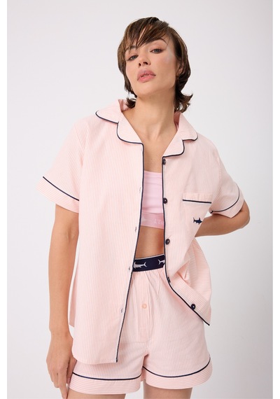 Lespadon Marısılk Kadın Yazlık Şortlu Uzun Gömlekli Pijama & Lounge Takımı -3192 Pembe