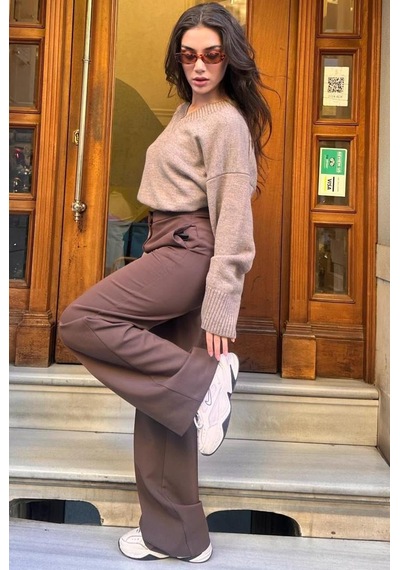 Madmext Vizon V Yaka Oversize Kadın Triko Kazak Mg2149 Vizon