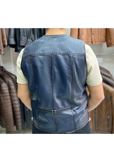 Nyc Giyim Tekstil & Deri Hakiki Deri Lacivert Renk Yelek Slim Fit Kesim Lacivert